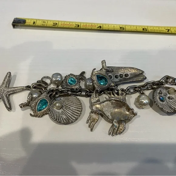 Vintage Charm Bracelet Silver Gold  Tone Ocean Sea Shell Starfish Stones 7" - Picture 6 of 7